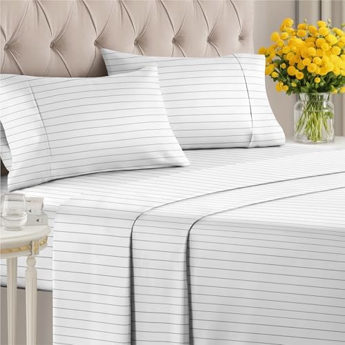 Queen 4 Piece Striped Sheet Set - Soft, Breathable & Cooling - Grey Stripe