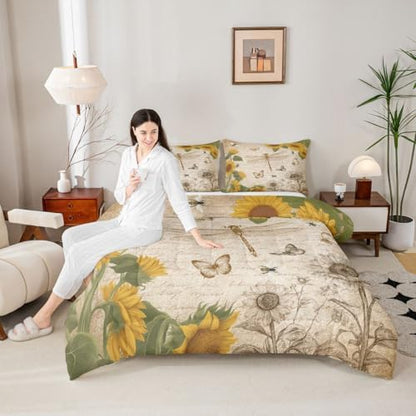 Dragonfly Bedding Sets King Botanical Floral Comforter Set Sunflower Bedding for Boys Girls Vintage Style Duvet Insert Wild Animals Dragonfly Quilt Field Floral Fresh Natural Pastoral Spring Bedding