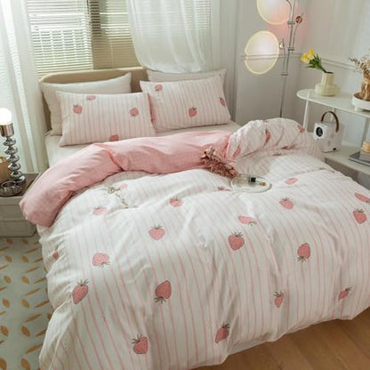 Pink Strawberry Duvet Cover Set Twin Kids Girls Kawaii Bedding Set 100% Cotton Fruit Strawberry Comforter Cover for Teens Children Boys Lovely Cartoon Kids Kawaii Bedroom Collection with 2 Pillowcases