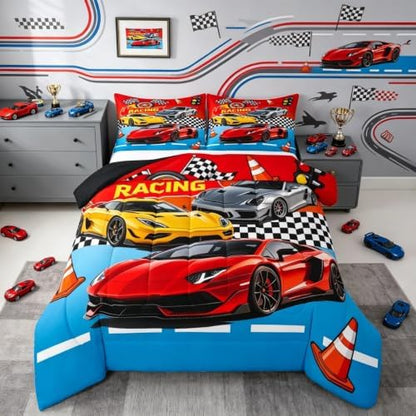 Feelyou Race Car Comforter Set Queen Size for Boys Girls