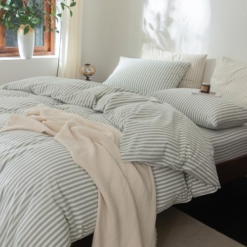 FOSSA Striped Duvet Cover Set 100% Washed Cotton Linen Feel Super Queen