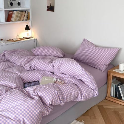 mixinni Purple Gingham Comforter Set Queen, Plaid Comforter Set 3 Pieces 1 Purple Grid Comfoter with 2 Pillow Cases for All Seasons, Soft Fluffy Modern Grid Pattern Printed Bedding-Queen Size