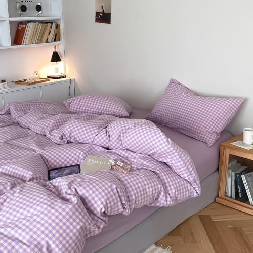 mixinni Purple Gingham Comforter Set Full, Plaid Comforter Set 3 Pieces 1 Purple Grid Comfoter with 2 Pillow Cases for All Seasons, Soft Fluffy Modern Grid Pattern Printed Bedding-Full Size