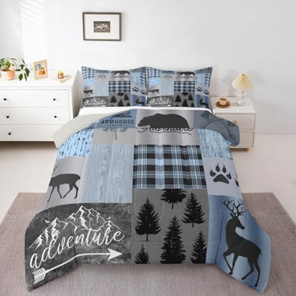 Rustic Patchwork Comforter Set,Blue Grey Checkered Plaid Quilt Set for Kids Teens Adult,Wild Animals Bear Elk Pine Trees Pattern Print Bedding Set Vintage Farmhouse Duvet Insert,Twin Size