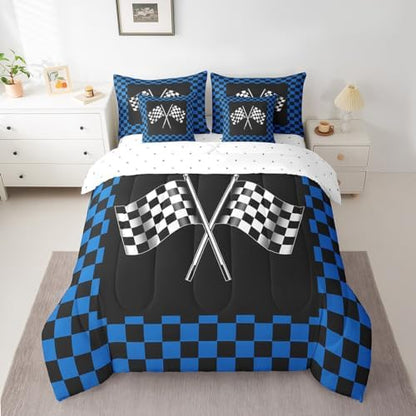 7 Pieces Racing Comforter Set for Kids Blue Black White Bedding Set Queen Size,Racing Car Flag Game Theme Comforter for Boys Girls Adult Checkered Flag Super Soft Fade Resistant Microfiber Bedding