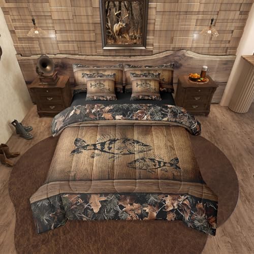 Erosebridal Camo Bass Fish 7 Piece Bed in A Bag Fishing Bass Big Fish Bedding Set Full Rustic Farmhouse Lake House Comforter Set for Boys Men,Retro Tree Camouflage Cabin Sheet Set with Comforter