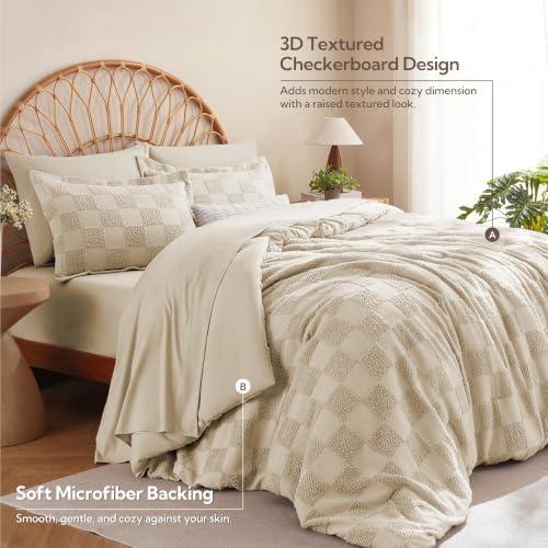 MR&HM King Size Comforter Set 7 Pieces, Checkered Boho Tufted Bed Set Linen