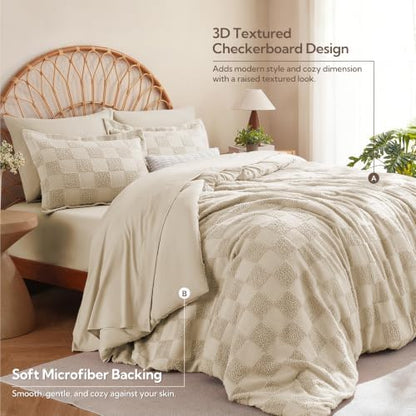 MR&HM King Size Comforter Set 7 Pieces, Checkered Boho Tufted Bed Set Linen