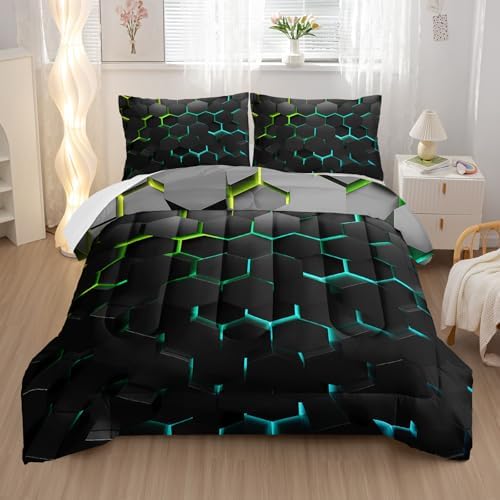 Geometric Green Black Neon Comforter Set,Light Honeycomb 3 Piece Bedding Set King for Teen Boys,Modern Bedding Quilt Set Geometry Decor,Microfiber Lightweight 1 Comforter 2 Pillowcases All Season