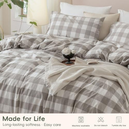 JIYUAN King Washed Cotton Duvet Cover Set, 3-Piece, Buffalo Check