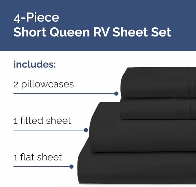 Short Queen Size 4 Piece Sheet Set - RV Short Queen, Soft, Breathable & Cooling Bed Sheets Set with Deep Pockets - Hotel Luxury Bedding for Women, Men, Kids, Teens, Boys and Girls - Oeko-Tex - Black