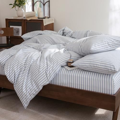 FOSSA Striped Duvet Cover Set 100% Washed Cotton Linen Feel Queen