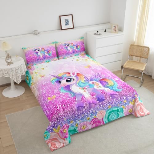 Floral Unicorn Comforter Set Twin Size, Rose Pink Glitter Kids Down Comforter, Watercolor Flower Butterfly Bedding Set 2pcs, Girls Princess Bedroom Decor, Dreamy Cartoon Quilt Set, 1 Pillowcase