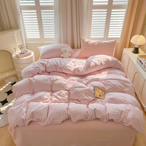 LifeTB Pink Gingham Comforter Set Queen 3 Pieces Plaid Checkered Comforter Set Aesthetic Pink Grid Comforter with 2 Pillowcases Plaid Checkered Pattern Farmhouse Gingham Bedding Set Queen