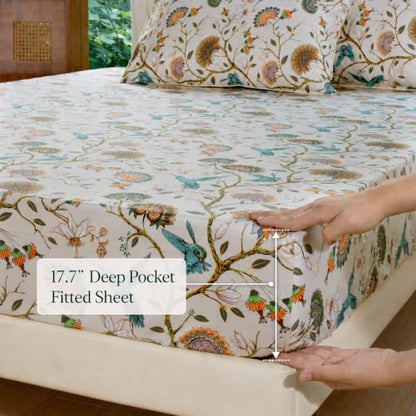 FADFAY Queen 100% Egyptian Cotton Sheets Set 4 Piece, Luxury Cottagecore Botanical Floral Bird Print Ultra Soft Cooling Bed Sheets Set, Breathable Deep Pocket Hotel Quality Bedding for Hot Sleepers