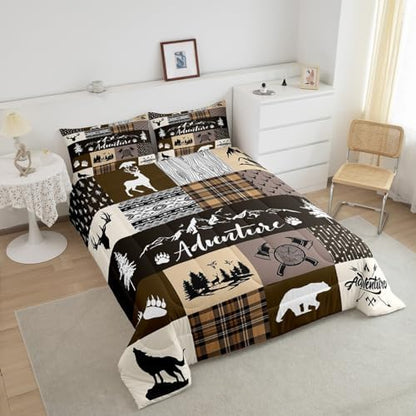 Castle Fairy Bear Print Full Size Comforter Set,Deer Antler Wolf Animals Hunting Adventure Bedding Comforters Bedroom Collection,Lodge Arrow Retro Brown Camper Plaid Bedding Set for Girls Teens