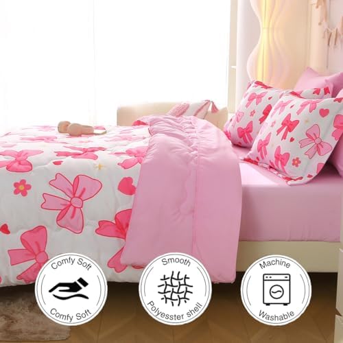 7 Piece Pink Bow Bedding Set for Girls Kids Full Size Bowknot Comforter Set Super Soft Cute Bed in a Bag Microfiber Lightweight Bed Set for Teens Room Decor