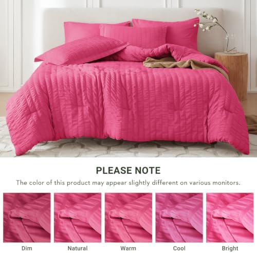 MUXHOMO 5 Pieces Twin Comforter Set, Seersucker Bed in a Bag Twin Size, All Season Luxury Bedding Set with Comforter, Flat Sheet, Fitted Sheet, Pillowcase & Sham, Hot Pink