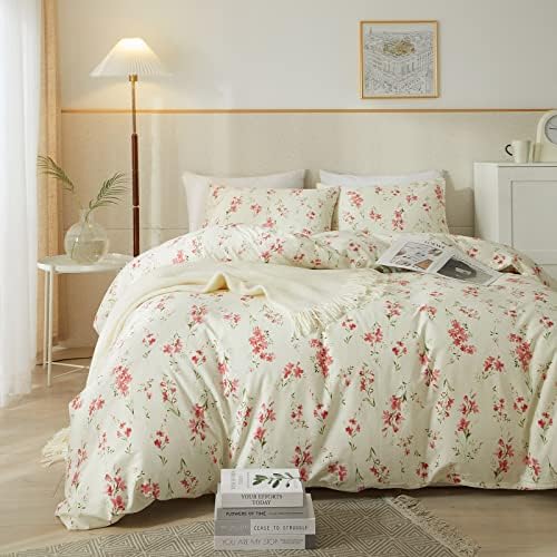 mixinni Boho Red Floral Girl Duvet Cover Set, Soft Cotton Twin Size 3-Piece Aesthetic Floral Bedding Set, 1 Chic Flower Leaf Pattern Duvet Cover and 2 Pillowcases for All Seasons-Twin Size