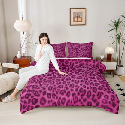 jejeloiu Pink Leopard Comforter Set Queen Size Animal Skin Bedding Set for Kids Boys Girls Animal Print Duvet Quilt Bedroom Decor Microfiber 3 Pcs with 2 Pillow Cases