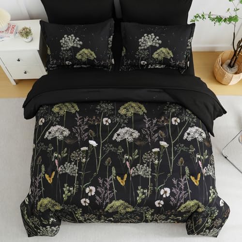Yiran Floral Full Size Comforter Set, Black Dandelion Plant Botanical Comforter Bedding Set, 7 Piece Summer Bed in a Bag, Soft Microfiber Complete Bedding Set with Sheets for All Season