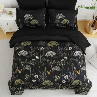Yiran Floral Full Size Comforter Set, Black Dandelion Plant Botanical Comforter Bedding Set, 7 Piece Summer Bed in a Bag, Soft Microfiber Complete Bedding Set with Sheets for All Season