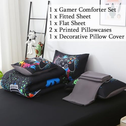 JQinHome Full Gamer Comforter Sets for Boys,6 Piece Bed in A Bag 3D Video Gamer Bedding -All Season Microfiber Gaming Bedding Set for Kids, with Sheet Sets (Black Gaming)