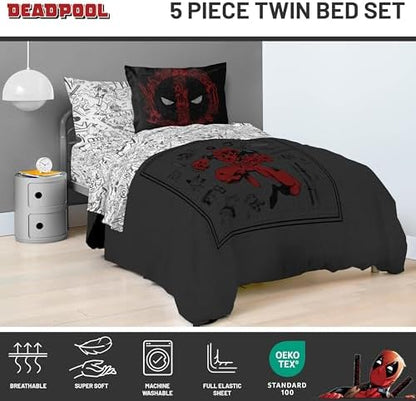 Marvel Deadpool Twin Comforter Set 5 Piece Soft Bedding for Boys, Gray
