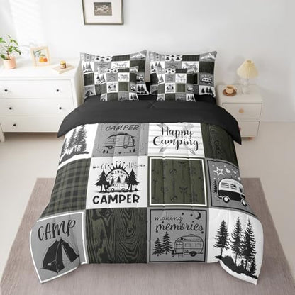 Erosebridal Camper Bed in A Bag for Bunks,Happy Camping Twin Comforter Set 7 Piece for Travel Trailers Rustic Farmhouse Buffalo Plaid Bedding Sets Rv Decor for Inside,Adventure Camper Bed Set