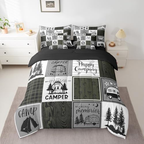 Erosebridal Camper Bed in A Bag for Bunks,Happy Camping Full Comforter Set 7 Piece for Travel Trailers Rustic Farmhouse Buffalo Plaid Bedding Sets Rv Decor for Inside,Adventure Camper Bed Set