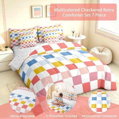Multicolored Checkered Retro Comforter Set With Sheets 7 Piece Queen Size Geometric Cute Bed in a Bag Kids Boys Girls Colorful Bedding Set Modern Groovy Aesthetic Bedroom Decor Breathable Soft