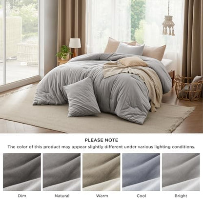 Bedsure PureWoven Cotton Comforter Set Prewashed, King, Grey Stone