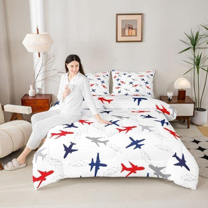 Feelyou Aircraft Flying Comforter Set Queen Size Airplane Print Bedding Set for Kids Boys Girls Air Transport Duvet Quilt Bedroom Decor Microfiber 3 Pcs with 2 Pillow Cases