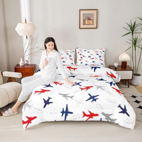 Feelyou Aircraft Flying Comforter Set Full Size Airplane Print Bedding Set for Kids Boys Girls Air Transport Duvet Quilt Bedroom Decor Microfiber 3 Pcs with 2 Pillow Cases