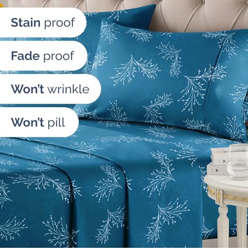 Twin 4 Piece Floral Sheet Set - Soft, Breathable & Cooling - Sea Spray