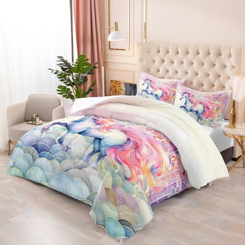 Nttopship Pink Fantasy Unicorn Comforter Set Queen Rainbow Scales Unicorn 3pcs Bedding Set for Girls Boys Kids Cartoon Down Alternative Soft Lightweight Comforter with 2 Pillowcases All Season
