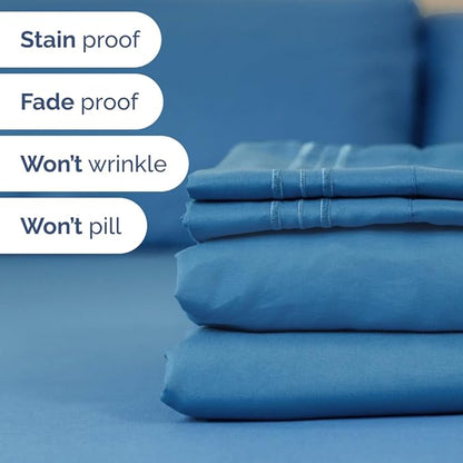 Flex Top Split Head King 4 Piece Sheet Set - Comfy Breathable & Cooling Bed Sheets Set - Hotel Luxury Bedding for Women, Men, Kids, Teens, Boys & Girls - Deep Pockets, Soft and Oeko-Tex - Denim Blue