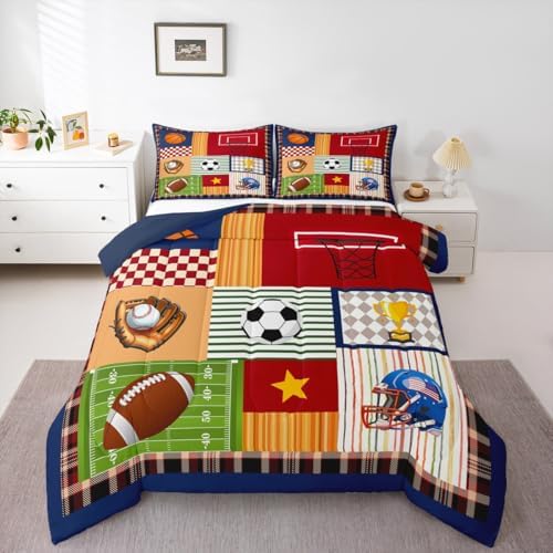 Boys Football Comforter Set Cartoon Ball Sports Themed Bedding Set for Kids Teens Child Room Decor Colorful Geometric Grid Stripes Quilted Duvet Cute Baseball Rugby Duvet Insert Twin Size