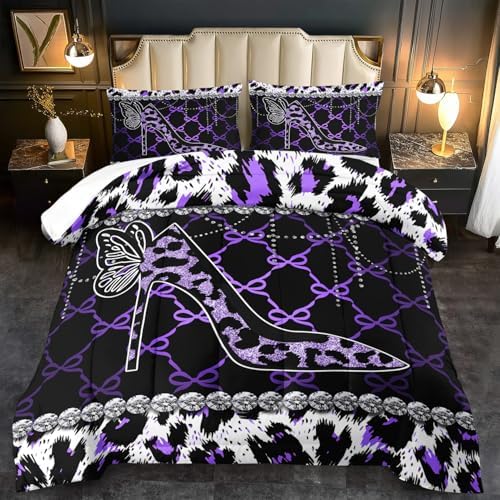 Purple Cheetah Print Comforter Set Twin Women Sexy High Heels Leopard Print Bedding Set Girls High Heels Leopard Comforter Quilt Animal Bedroom Decor Cheetah Bedding Bed Decor