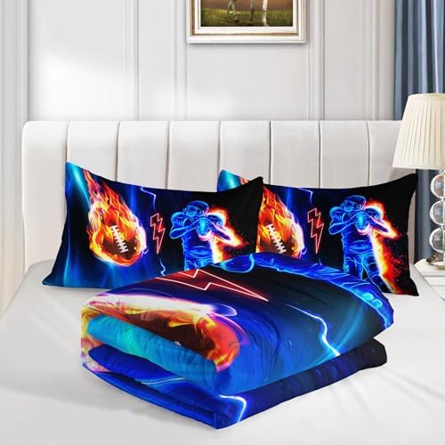Axolotl Football Comforter King,Cool Blue Football Bedding Sports Theme Comforter Set for Boys,3D Rugby Sports Bedding Set,Soccer Player on Fire for Boys Kids Teens,1 Quilt 2 Pillowcases,Black Blue