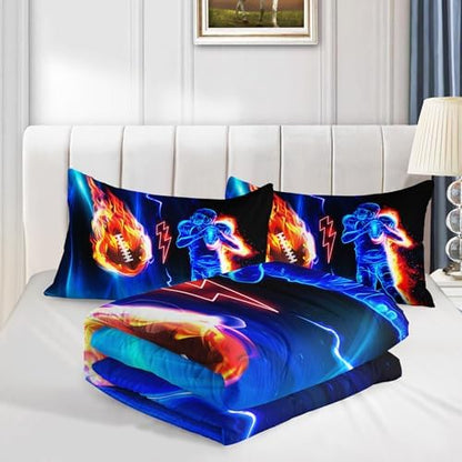 Axolotl Football Comforter King,Cool Blue Football Bedding Sports Theme Comforter Set for Boys,3D Rugby Sports Bedding Set,Soccer Player on Fire for Boys Kids Teens,1 Quilt 2 Pillowcases,Black Blue