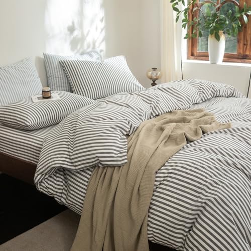 FOSSA Striped Duvet Cover Set 100% Washed Cotton Linen Feel Super King Plus