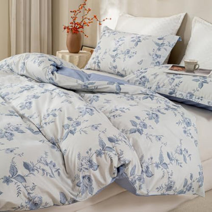 OAITE King Duvet Cover Set 3pcs 100% Cotton Vintage Blue Rose Floral