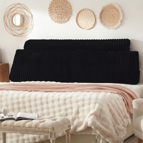 Headboard Pillow + A Long Neck Roll Pillow Body Pillow，Faux Fur Headboard Wedge Pillow with Removable Cover (Black, King：76x8x20 inches)