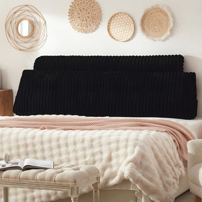 Headboard Pillow + A Long Neck Roll Pillow Body Pillow，Faux Fur Headboard Wedge Pillow with Removable Cover (Black, King：76x8x20 inches)