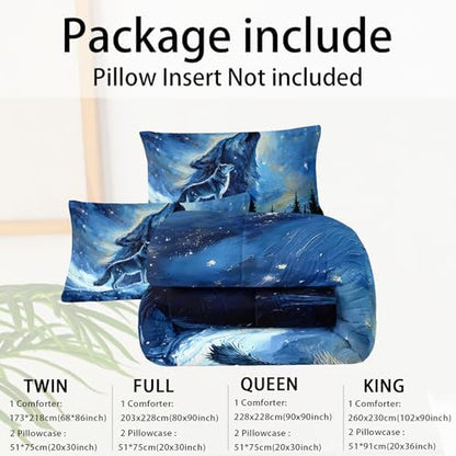 Wolf Comforter Set King for Boys Girls,Howling Wolves Night Moon Comforter Mountain Forest Wolf Bed Set,Wild Animals Quilt Set for Adults Kids Bedroom Decor,All Seasons