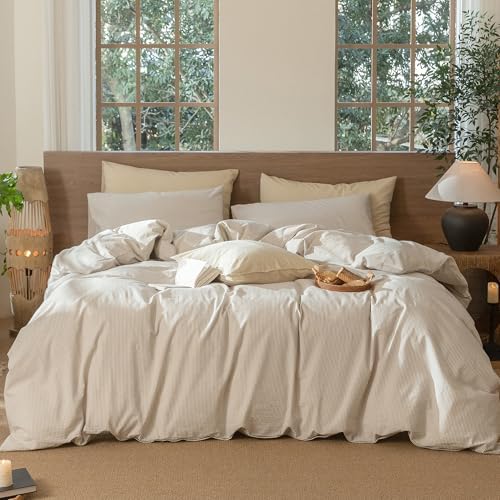 MooMee Striped Duvet Cover Set 100% Washed Cotton Linen Like King