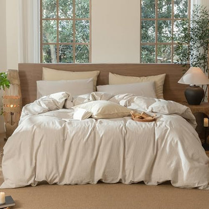 MooMee Striped Duvet Cover Set 100% Washed Cotton Linen Like King