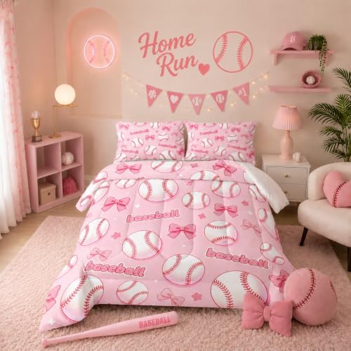 BSNTHO Baseball Comforter Set Twin Size, Pink Bow Kids Comforter 3Pcs