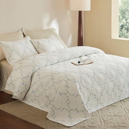 MarCielo 3pcs Cotton Quilt Set Beige Soft Blue Floral